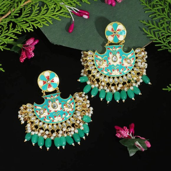 Mint Green Meenakari Chandbali Earrings | Floral Enamel Dangle - Picture 5 of 10